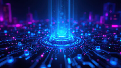 Fototapeta premium Cybersecurity digital abstract graphic with glowing nodes and circuit board motif.