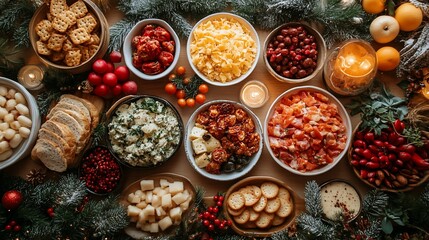 Festive table spread with assorted holiday snacks, fruits, and candles in a cozy setting