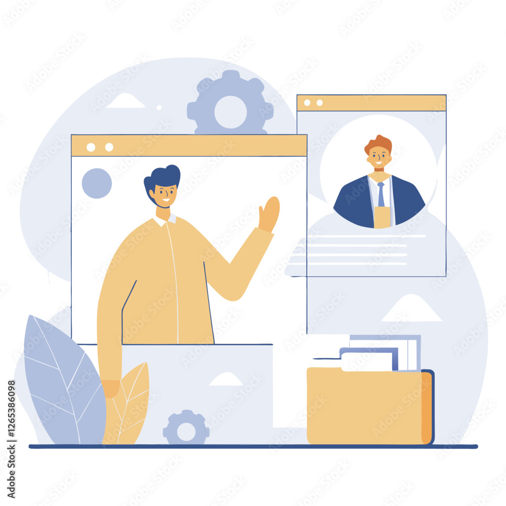 Poster a digital illustration featuring a diverse person engaging in a video call and working at a desk, sh
