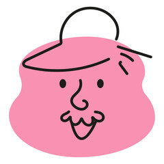 Pink face avatar joyful man in abstract shape with mustache and cap on head. Vector illustration.
