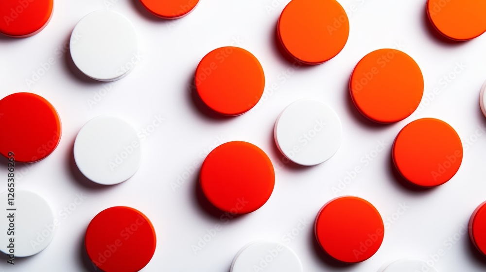 Poster close up of many red and white circles. the circles are arranged in a pattern and are of different s