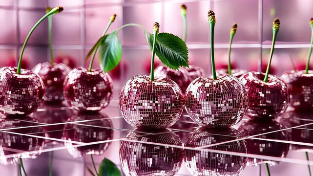 Sparkling disco cherry lineup on reflective surface with vibrant pink backdrop