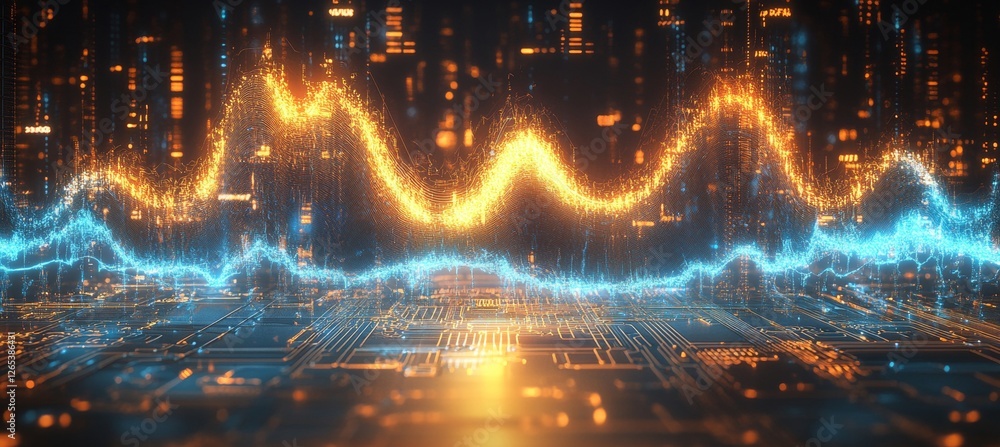 Poster glowing data streams and peaks above futuristic circuitry background, financial chart concept.