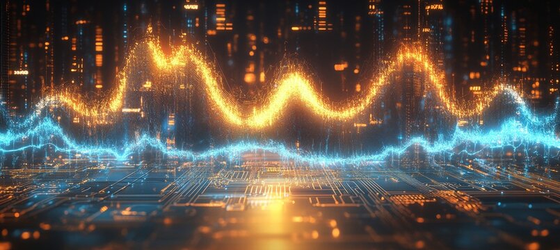 Glowing Data Streams And Peaks Above Futuristic Circuitry Background, Financial Chart Concept.