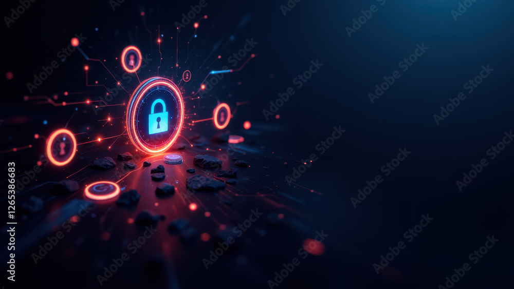 Poster cybersecurity lock with digital particles glowing around it against a dark background.