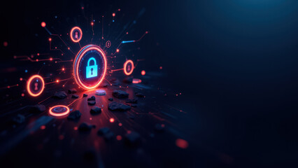 Obraz premium Cybersecurity lock with digital particles glowing around it against a dark background.