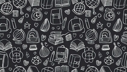 Back to school seamless pattern doodle. Hand drawn line doodle sketch style back to school background. Hand drawn book, bag, globe education chalkboard background. perfect any project.