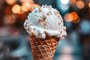 Creamy Vanilla Ice Cream Cone with Crunchy Nut Toppings A Sweet Treat on a Blurred Background.