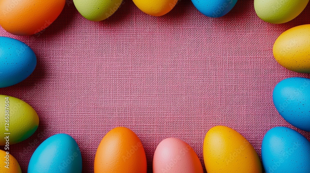 Poster colorful row of eggs with a pink background. the eggs are arranged in a circle, with some of them ov