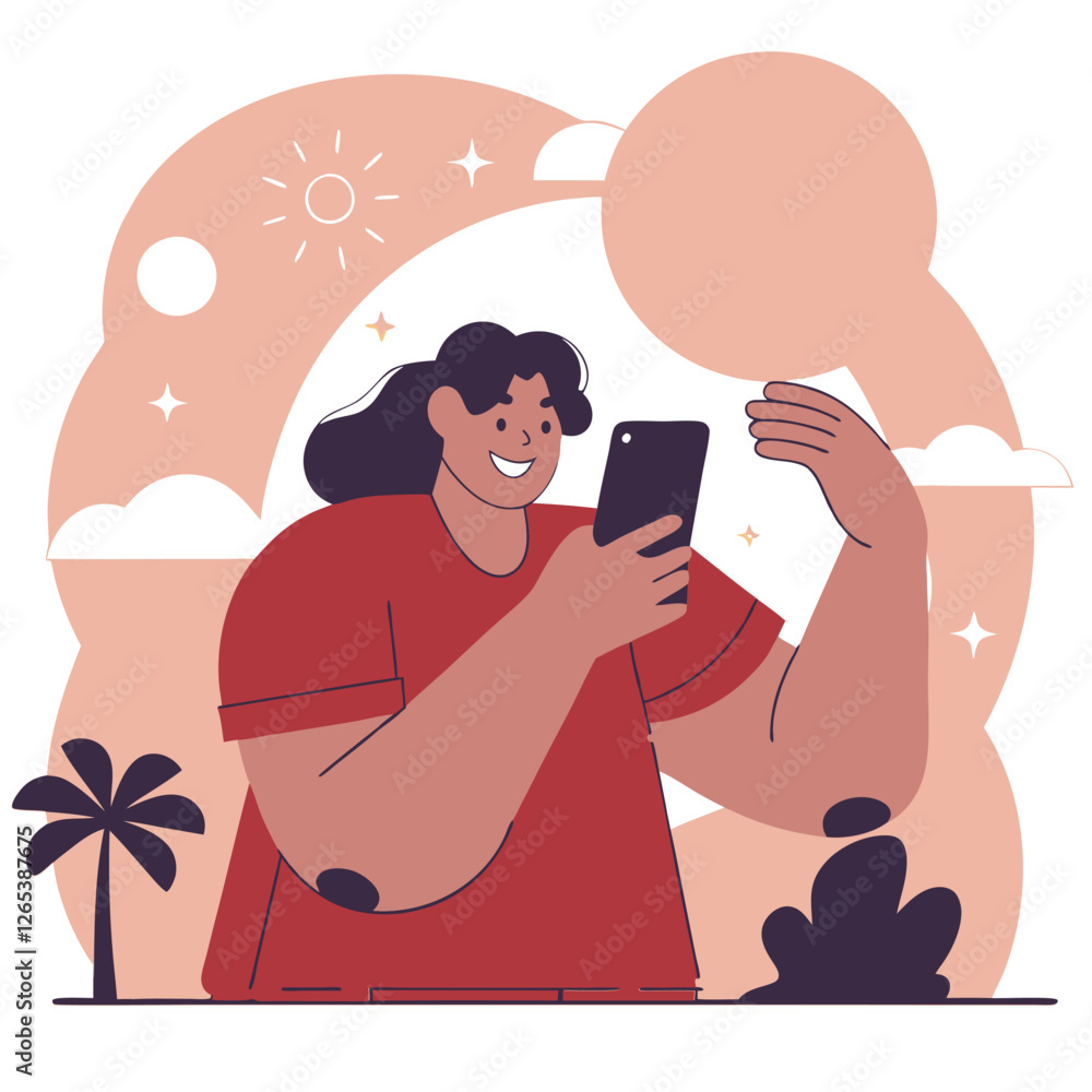 Poster a smiling person of mixed ethnicity takes a selfie in a colorful flat design. they stand against a v