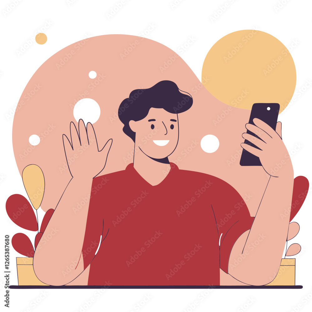 Poster a young european man is waving while using a smartphone. the image features vibrant colors and abstr