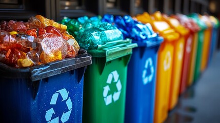 Recycling containers overflow with colorful plastic bottles in a cityscape