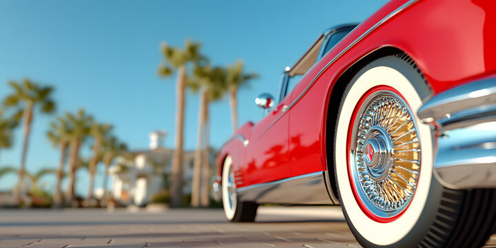 A red classic automobile featuring whitewall tires and wire wheels sits in front of palm trees under a clear blue sky, evoking a sense of luxury and nostalgia.