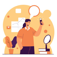 A flat vector illustration showing a young European woman holding a smartphone, surrounded by plants and modern decor elements in a stylish, cartoon style.