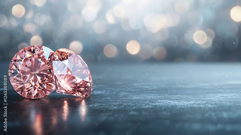 Poster two elegant rose diamonds sparkling on a dark surface with a bokeh background display