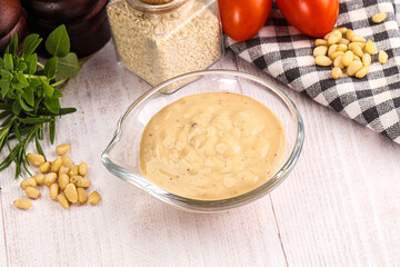 Delicious walnut creamy sauce in the bowl