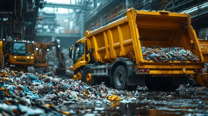 Yellow trucks transport waste in a busy recycling center filled with debris