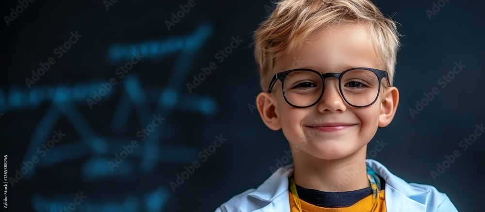 Poster young boy wearing glasses is smiling at the camera. he is wearing a lab coat and is standing in fron