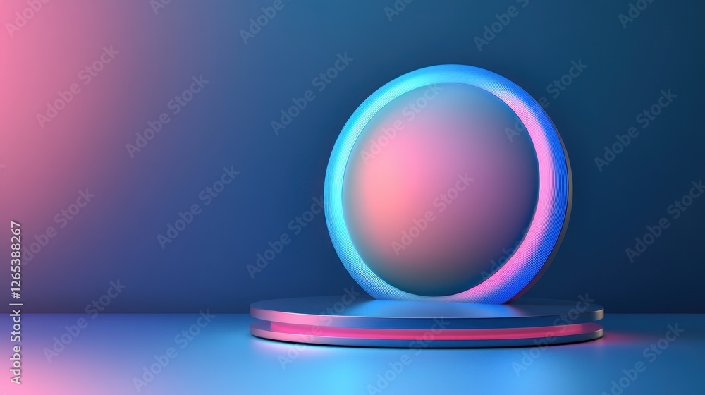 Poster abstract neon illuminated circle on platform for product showcase