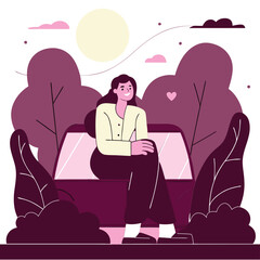 A serene illustration of a person sitting on a bench surrounded by stylized greenery, showcasing a calm expression. The person appears to be European.
