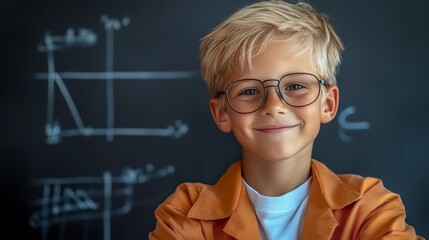 Young boy wearing glasses and an orange jacket is smiling at the camera. He is standing in front of a blackboard with mathematical equations written on it. Concept of curiosity and learning