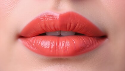 Obraz premium Close-Up of Glossy Coral Lip Color with Soft Skin Texture