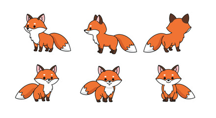 Cute fox character design in flat style showcasing different poses vector illustration