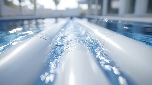 Sparkling water flows smoothly down sleek white channels creating a tranquil blue scene. AI Generated