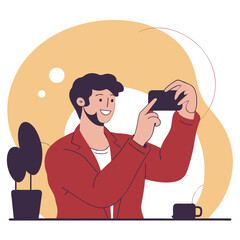 Fototapeta premium A smiling European man takes a selfie with his smartphone while sitting in a cozy setting surrounded by plants. Illustration in a modern style.