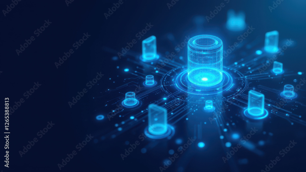 Aufkleber cybersecurity technology with interconnected nodes on a dark background.