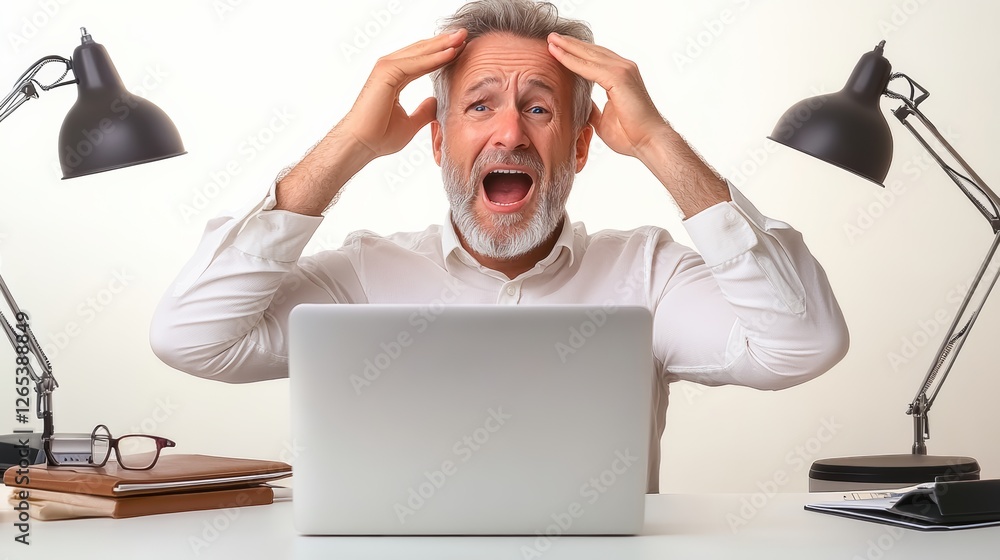 Poster man is sitting at a desk with a laptop open in front of him. he is looking at the screen with a look