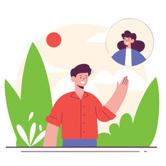 A cheerful European male character waves hello, surrounded by vibrant plants in a colorful, cartoon-style illustration. His facial expression is welcoming and friendly.