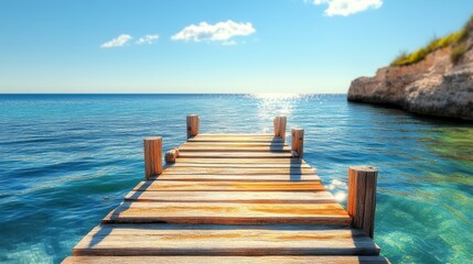 Obraz premium Wooden pier is on the water with a beautiful blue ocean in the background. The pier is empty and the water is calm