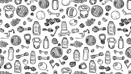 Doodle gym sketch health seamless pattern background. Hand drawn sketch doodle healthy sport.