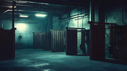 Dimly lit industrial space with wooden partitions, evoking a sense of mystery and abandonment