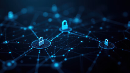 A dynamic digital illustration representing network security with interconnected nodes and encryption keys.