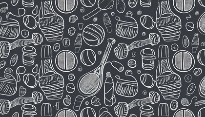 Fototapeta premium Doodle gym sketch health seamless pattern background. Hand drawn sketch doodle healthy sport.
