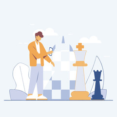 A stylized illustration of a chess player thoughtfully engaging with a vibrant chessboard. The player has a mixed background, reflecting diverse strategies.