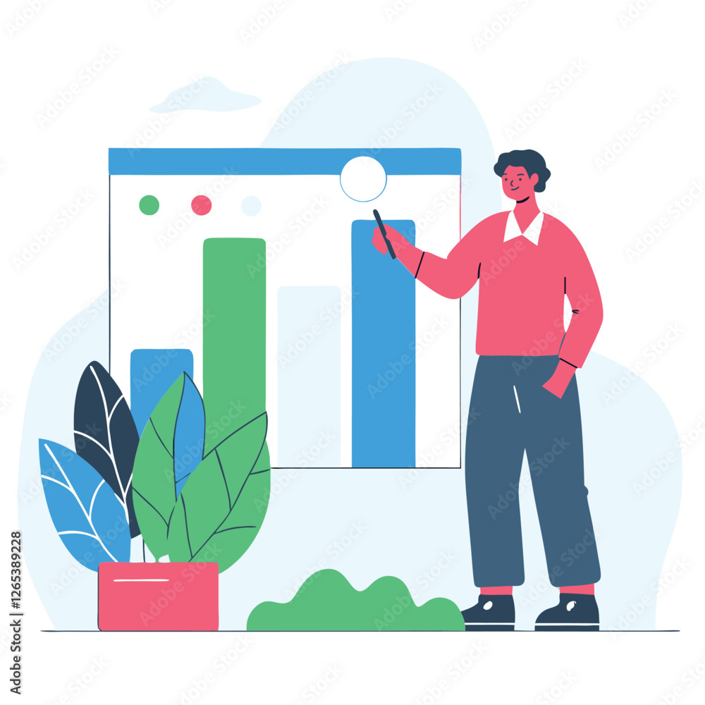 Poster a business presentation illustration featuring diverse individuals, one presenting data on a chart w