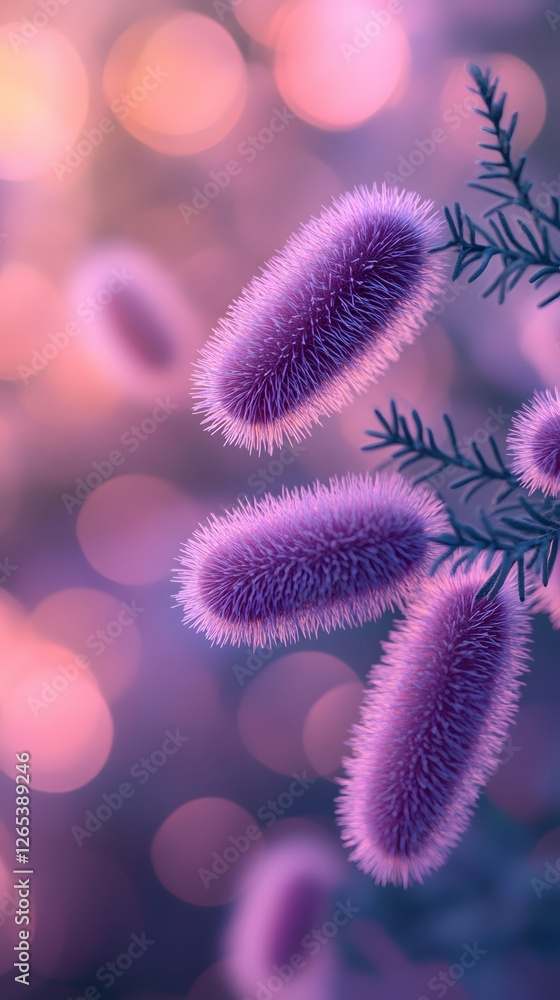 Poster abstract macro view of purple seed head with soft bokeh background and green stem