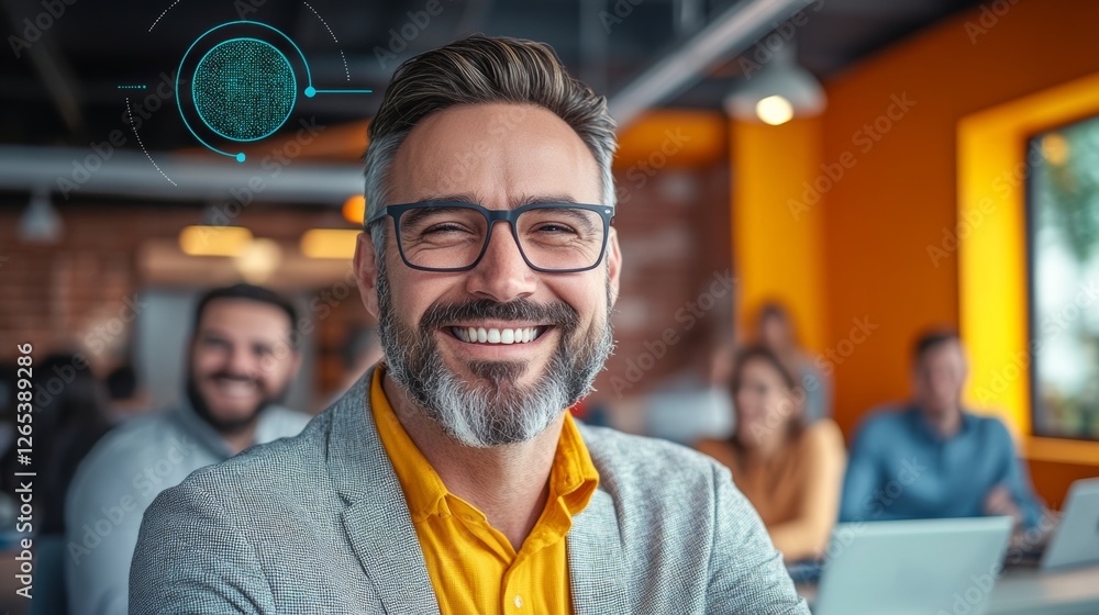 Poster man with glasses is smiling in front of a group of people. the image has a futuristic feel to it, wi