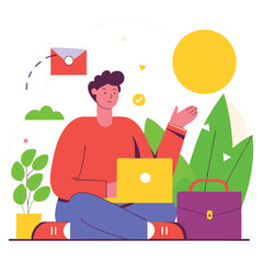 A young man sits with a laptop, surrounded by colorful plants and a bag, depicting a modern workspace concept in a flat, cartoon style.