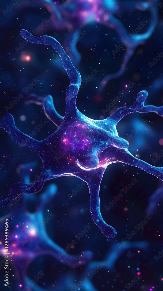 Poster abstract neuron cell with glowing core and dendrites in a dark blue space background