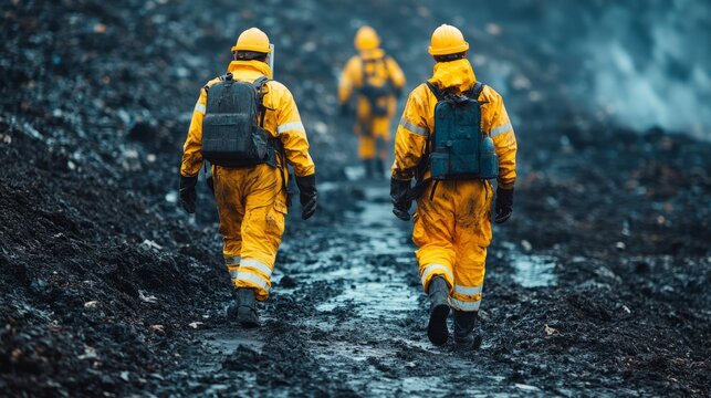 Workers in bright suits navigate a muddy area for restoration
