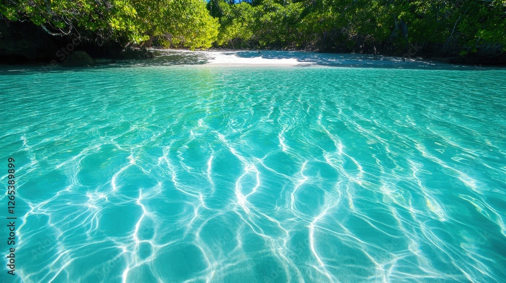 Poster a serene view of crystal clear water reflecting light patterns, surrounded by lush greenery, creatin