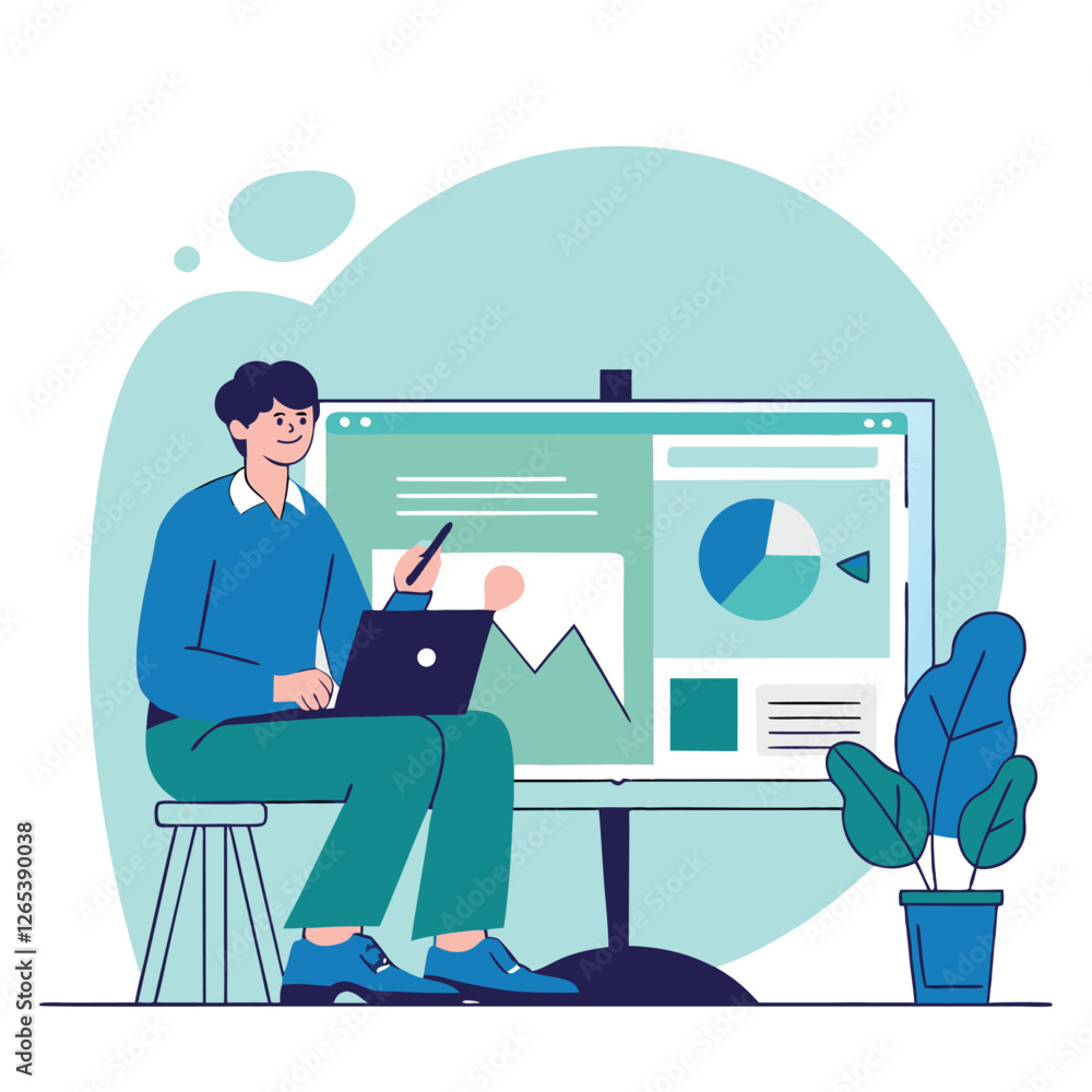 Poster a person with light skin using a laptop sits in front of a large screen displaying graphs and charts