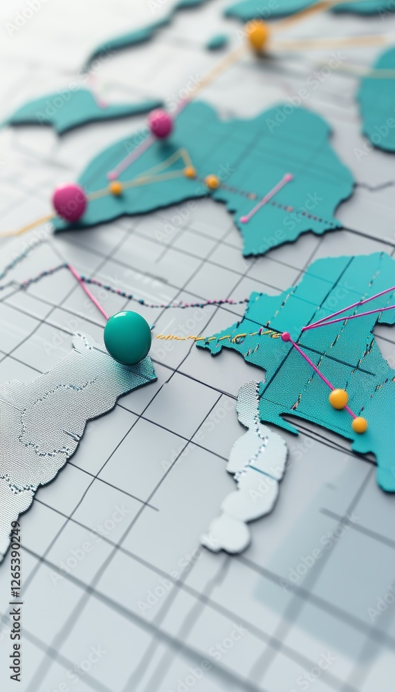 Poster global connectivity 3d map with pushpins highlighting key data points and connections