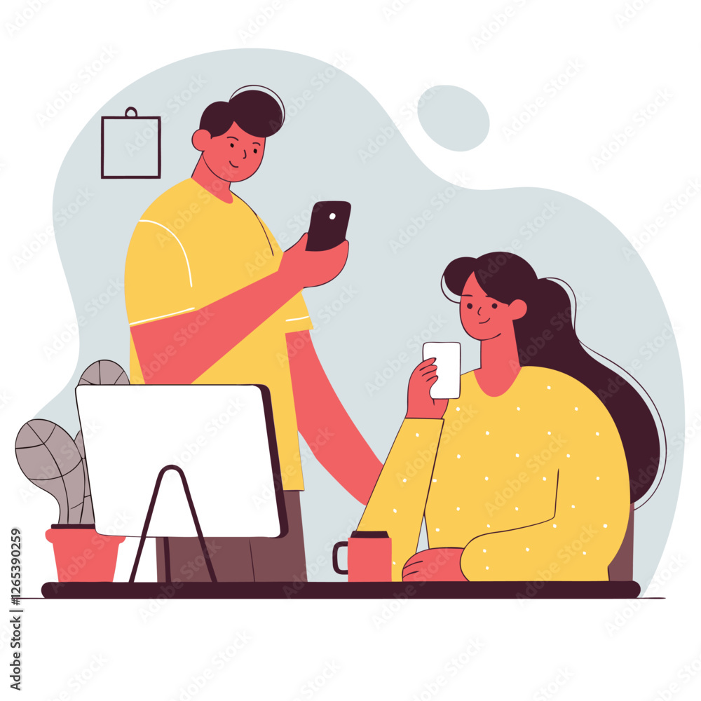 Poster an illustration of two individuals in a modern workspace, one checking a phone and the other focused
