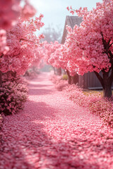 Serene pathway lined with blooming pink cherry blossom trees, petals covering ground.