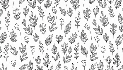 Hand drawn seamless floral pattern with simple little flower branch. Doodle sketch line style. perfect any project for nature foliage wallpaper, background, textile design..